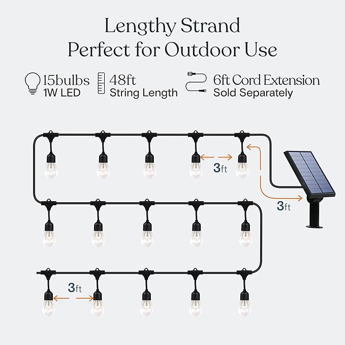 Brightech Ambience Pro - 48 Ft Waterproof, Solar Power Outdoor String Lights - 1W LED Hanging Edison Bulbs Create Bistro Ambience in Your Yard - Commercial Grade, Shatterproof - 15 Lights, Soft White