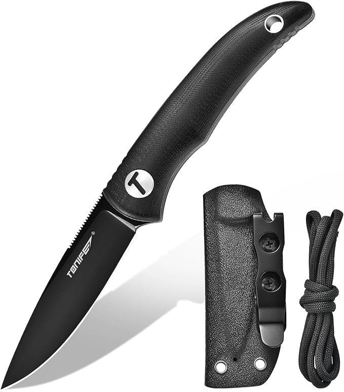 TONIFE Nova 2.68'' Blade Mini Neck Knife Full Tang Fixed Blade Knife with Kydex Sheath and Adjustable Paracord Lanyard for Camping Outdoor Survival Tool (Black+Black Titanium)