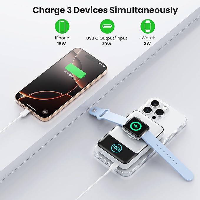 Magnetic Portable Charger for iPhone, 3-in-1 10800mAh Qi2 15W Wireless Power Bank with iWatch Charger,30W PD Fast Charging USB-C LCD Display Battery Pack for Magsafe,iPhone 17/16/15/14/13, Apple Watch