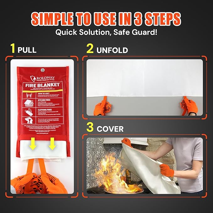 ROLOWAY Emergency Fire Blanket for Home and Kitchen, Fire Suppression Blanket (40 x 40 Inch) with Hooks, Gloves and Whistle for Home Safety (2 Pack)