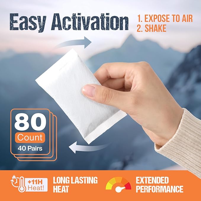 Natural Hand Warmers - 40 Pairs (80 Warmers) - Air Activated 11 Hours of Consistent Natural Heat Handwarmers Pack - Easy Activation | Portable Hot Hands Hand Warmers Bulk, Hot Heat Pack Feet & Body