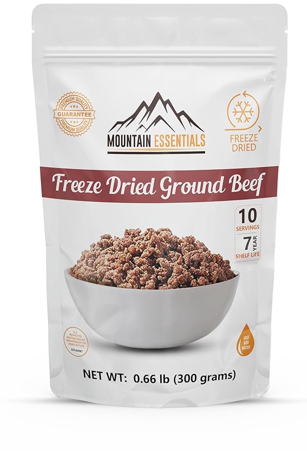 MOUNTAIN ESSENTIALS Freeze-Dried Ground Beef ??Pre-Cooked and Ready-to-Eat Hamburger Meat | Everyday Meal Prep, Emergency Food Supply, Camping and Survival Food | 10 Servings per Pouch | Made in USA | 7-Year Shelf Life | Pack of 1