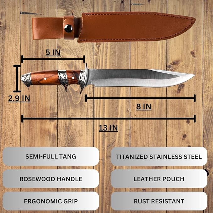 Wild Wolf X42 Survival Camping Fishing Fixed Semi-Full Tang Blade Hunting Knife with Rosewood Handle and Leather Sheath
