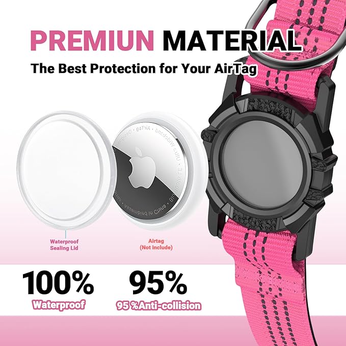 AirTag Dog Collar and Leash, IP68 Waterproof Integrated with Reflective, Ultra-Durable, Comfortable Padded, Heavy Duty Dog Collars for Small Medium Large Dogs, L (14.8"-20.3"), Pink