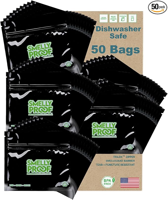 50pk 4-MIL Thick Heavy Duty, Smelly Proof Reusable Bags Black, Reusable Food Storage Bags, US-Made Non-Silicone, BPA Free, No PEVA, 50 x Reusable Snack Bags, NO SMELL Freezer Bags Triple Zip 12" x 16"