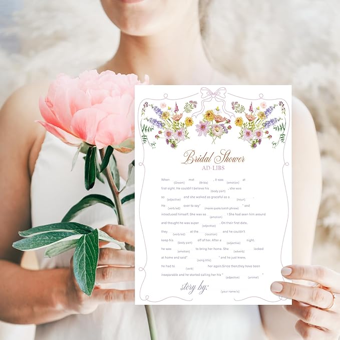 Bridal Shower Ad-Libs Games, Wildflowers Pink Bow Games Card for Wedding Reception, Bridal Shower, Engagement, Bachelorette Party Activity Decorations (25 Pack) -A15