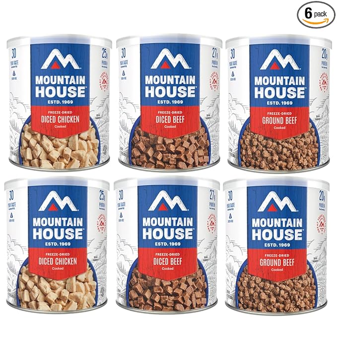 Mountain House Freeze-Dried Protein Pack Sampler ??6 Cans | Diced Chicken, Diced Beef & Ground Beef | 102 Total Servings | Cooked, High-Protein Emergency Food | 30-Year Taste Guarantee | Made in USA