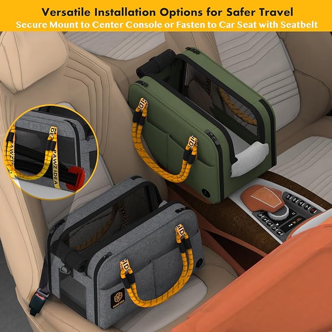 PAWZIDEA Center Console Dog Car Seat, Enclosed Secure Armrest Booster Seat for Small Dogs & Cats up 12lbs, Soft-Sided Travel Pet Carrier Safety Straps, Removable Pillow, Storage Pocket, Shoulder Strap