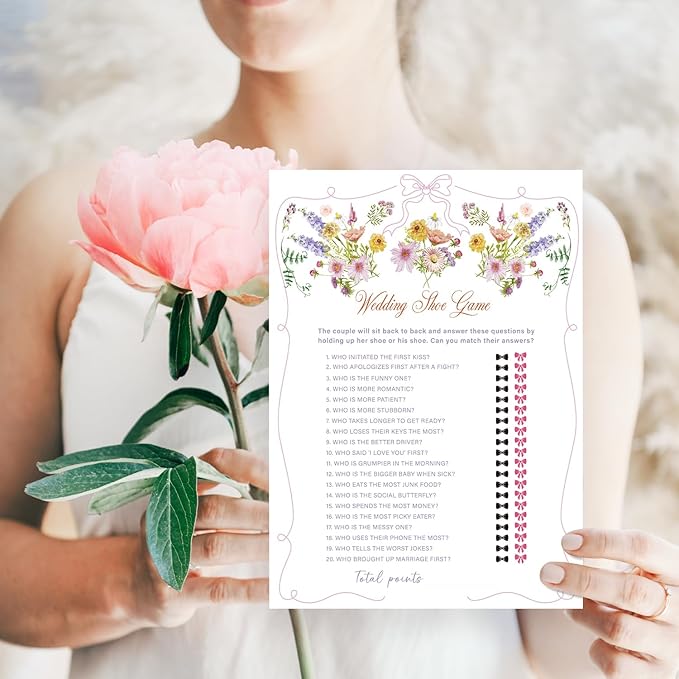 Wedding Shoe Game Bridal Shower Games, Wildflowers Pink Bow Games Card for Wedding Reception, Bridal Shower, Engagement, Bachelorette Party Activity Decorations (25 Pack) -A06