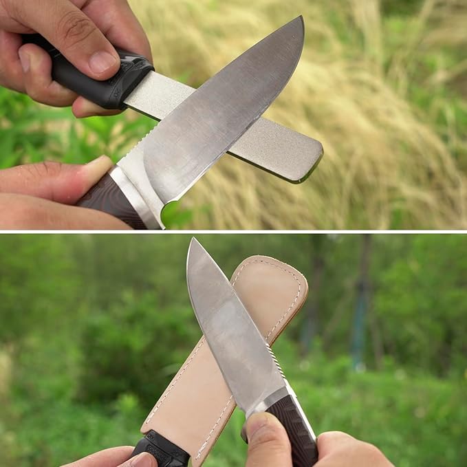 SHARPAL 127N Dual-Grit Diamond Sharpening Stone File Garden Tool Knife Sharpener with Leather Strop Coarse 325 / Extra Fine 1200 Grit for Lawn Mower Blade, Axe, Hatchet, Hedge Shears, Chisels, Drills