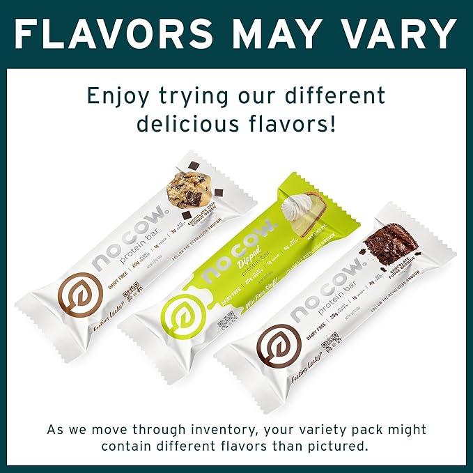 No Cow High Protein Bars, Original Variety Pack - Healthy Snacks, 20g Vegan Protein, High Fiber, Low Sugar, Keto Friendly, Dairy & Gluten Free (12 Count)