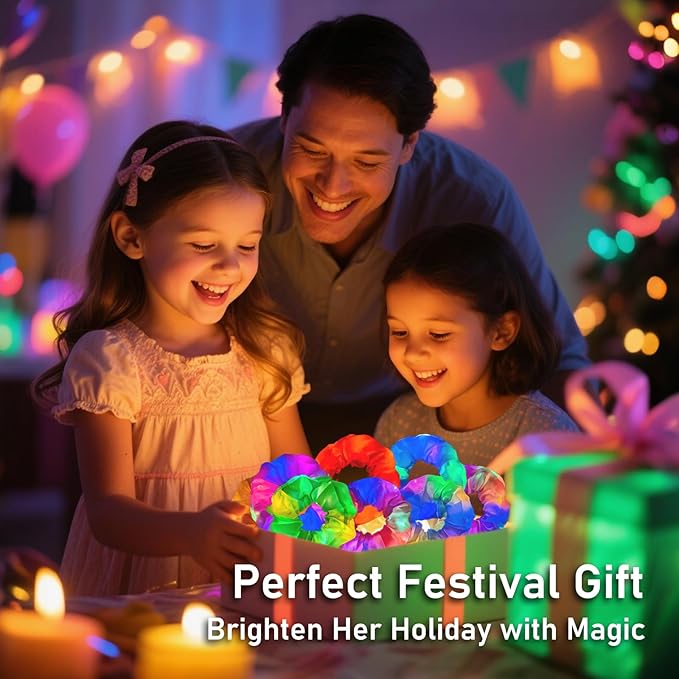 8 PCS Light up Scrunchies for Girls, Glow in the Dark Party Supplies, 3 Glow Mode Satin Scrunchy, LED Hair Accessories for Birthday Party, Rave Party, Festival & Sleepover Party