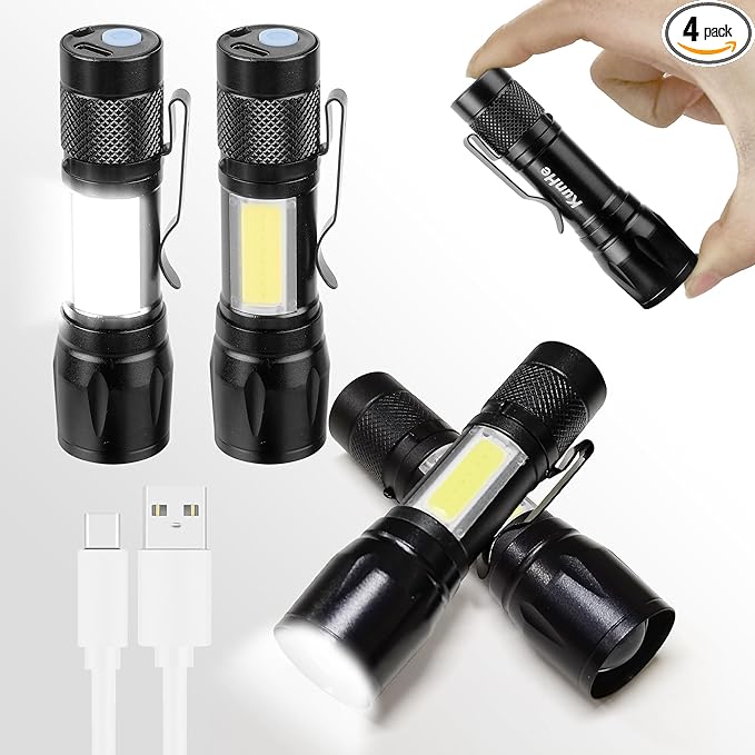 KunHe Rechargeable Flashlights USB-C mini Small LED Lantern Flashlights Bright Clip-On Light EDC Flash Light with Side COB Light for Camping Home Emergency 4 Pack