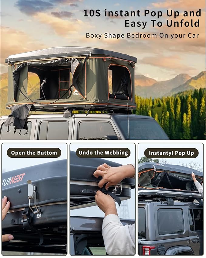 Naturnest Rooftop Tent Hard Shell, Naturnest Orion Roof Top Tent, Pop Up Tents for Camping,Boxy RTT Overlanding Tent for Van SUV Trunk, 2-3 Person