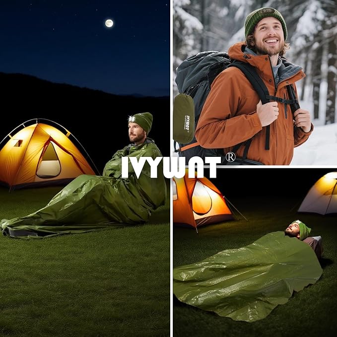 Emergency Sleeping Bag & LED Beanie Kit - Portable Bivy Sack Blanket, Winter Warm Knitted Hat with Light, Waterproof Survival Gear for Camping Hiking Adventure