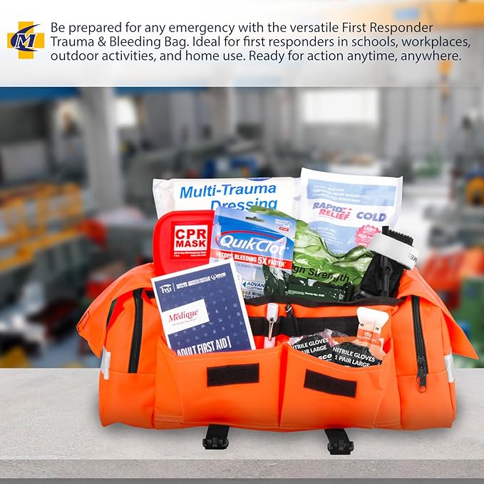 MFASCO Professional First Responder Kit - Emergency First Aid Bleeding Kit Combo, Includes Tourniquet & Clotting Bandage, Orange EMT Bag, Adjustable Shoulder Straps, 275+ Pieces, 13 x 9 x 6 Inches
