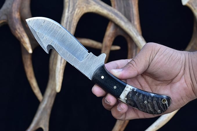 Knives Ranch Handmade Damascus Steel Gut-Hook Skinning Knife ??8.5" Full Tang Fixed Blade Outdoor Knife with Ram?™s Horn Handle & Heavy-Duty Leather Sheath ??Hunting, Bushcraft, Camping, Survival, Cowboy Ranch (2048-RH)