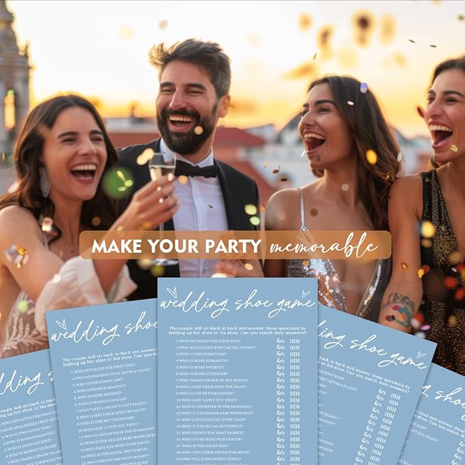 Bridal Shower Games Cards & Shoe Game - 25 Guests Engagement Party Supplies - Minimalist Blue Wedding Party Supplies - B04
