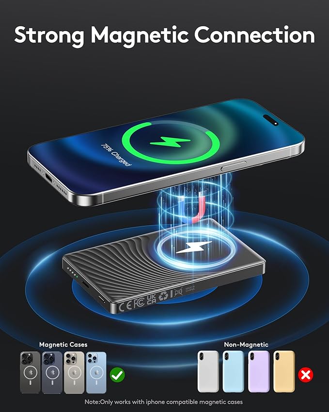 2025 for iPhone Magsafe Battery Pack, Ultra Slim Magnetic Power Bank Fast Charging, Wireless Portable Charger 10000mAh, 20W Powerbank Compatible with iPhone 16/15/14/13/12 Series