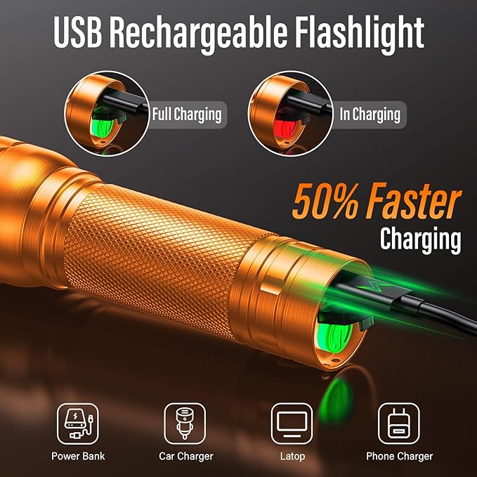Rechargeable Flashlights High Lumens, G1000 Super Bright Flash Light Orange, Small Zoomable LED Flashlight with 3 Lighting Modes, Portable Tactical Flashlight for Camping Essentials (Battery Included)