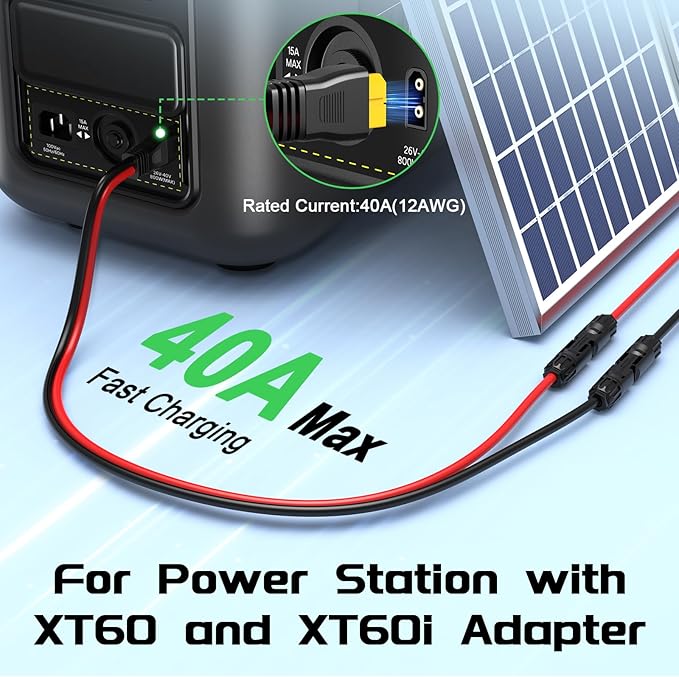 Bateria Power Solar to XT60 Charge Extension Cable with Solar Connectors Caps, Combined Wire Solar Connector to XT60 Adapter Cable for Solar Panel to Battery RV Power Station Generator 12AWG 2FT