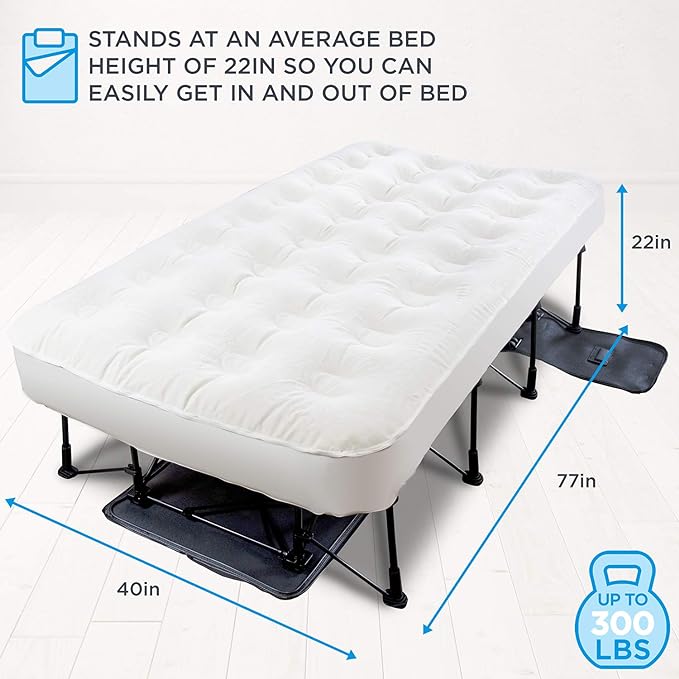 Ivation EZ-Bed (Twin) Air Mattress with Deflate Defender™ Technology Dual Auto Comfort Pump and Dual Layer Laminate Material - AirBed Frame & Rolling Case for Guest, Travel, Vacation, Camping