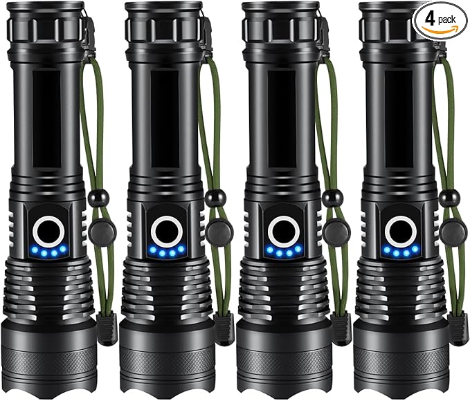 Flashlights High Lumens Rechargeable, 4Pack Rechargeable Flashlights, Super Bright Flashlight, 5Mode Tactical Flashlights High Lumens, LED Flashlight High Powered, Waterproof Flash Light LED