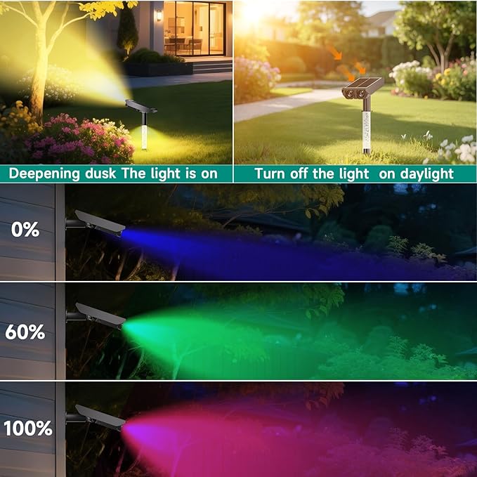 RGB Solar Spot Lights : 2 IN 1 Solar Lights Outdoor with 8 Lighting Modes & PC Light Guide Column for Tree Garden Yard Pathway | RGB Color Changing Landscape Lights | IP65 Waterproof | 12 Pack