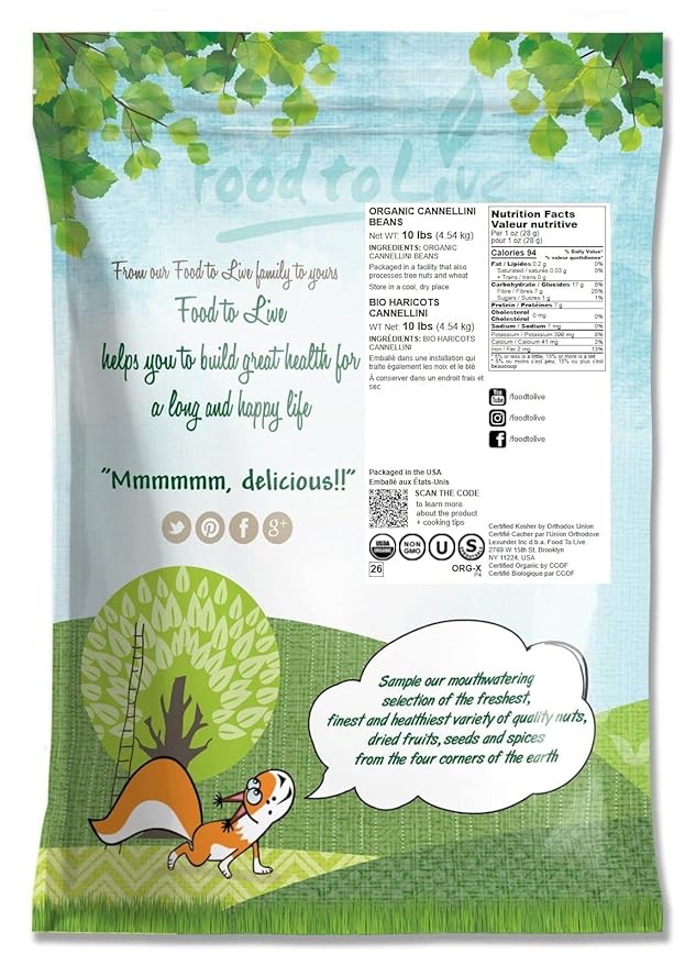 Food to Live Organic Cannellini Beans, 10 Pounds – Non-GMO, Dried White Kidney Beans, Sproutable, Vegan, Kosher, Bulk. Pre-Soak Needed. Rich in Fiber, Protein. Great for Minestrone Soup, Bean Salad.
