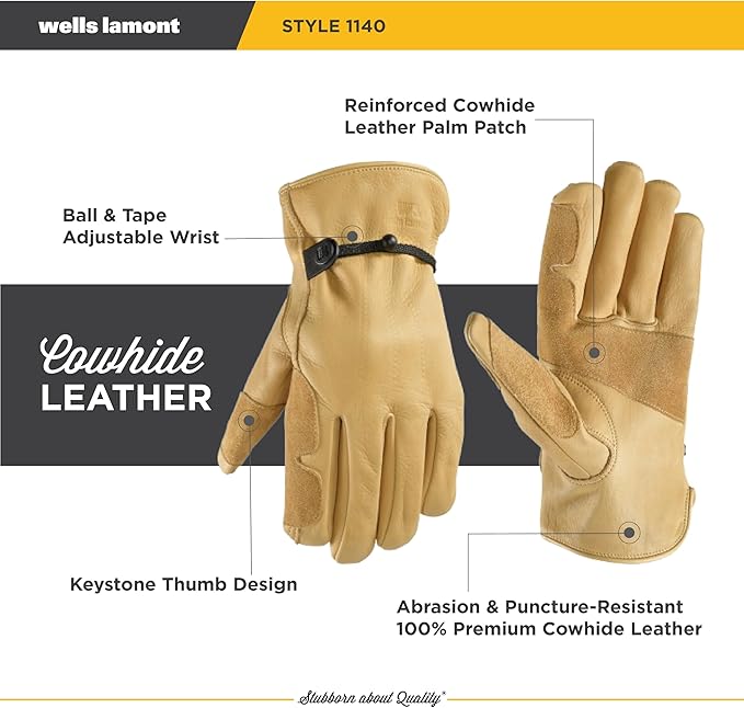 Wells Lamont Men's Full Leather Cowhide Adjustable Reinforced Work Gloves, Timber, X-Large (1140XL)