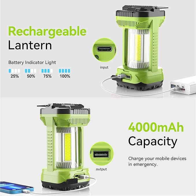 AlpsWolf Camping Lantern Rechargeable, 4000mAh LED Lantern for Power Outages Super Bright Portable Camping Light Emergency Lantern Camping Lamp Green, 1 Pack