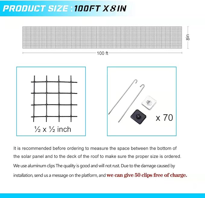 Solar Panel Bird Guard Mesh - 70 Aluminum Fasteners 8in x102Ft Solar Panel Critter Guard for Separate Critters, Pigeons, etc. from Solar Panel