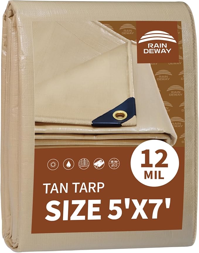 RAINDEWAY 5x7 Feet Heavy Duty 12 Mil Tan Poly Tarp Cover,UV Resistant,Weatherproof,Durable,Multipurpose Waterproof Small Tarp with Grommets and Reinforced Edges