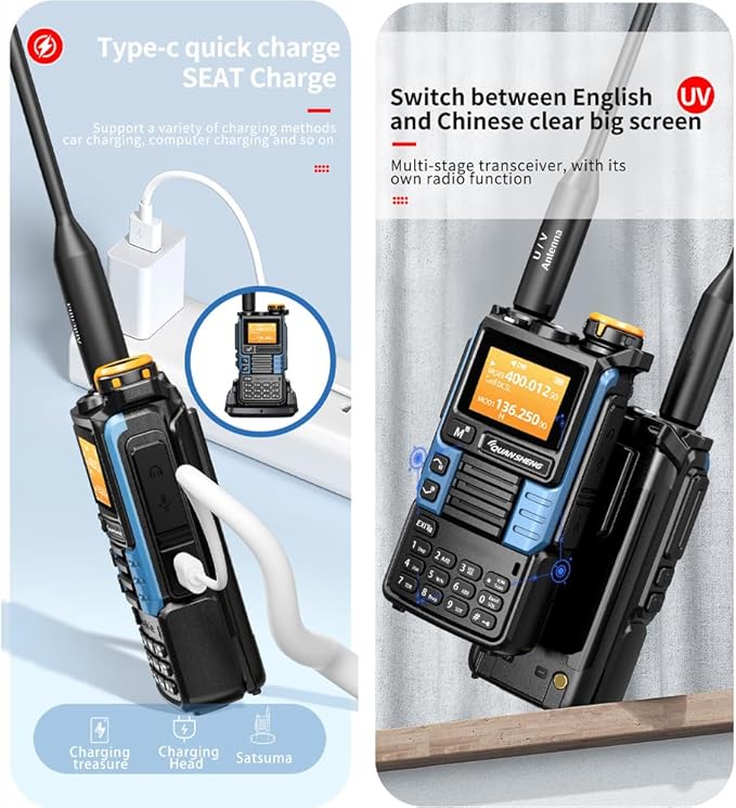 UVK5(99) AM/FM/DTMF Walkie-Talkie 200CH 20-1000MHZ Walkie-Talkie NOAA Weather Forecast with Flash Copy Frequency Tpye-C LCD Display for Hiking Camping Travel Two-Way Radio (Blue)