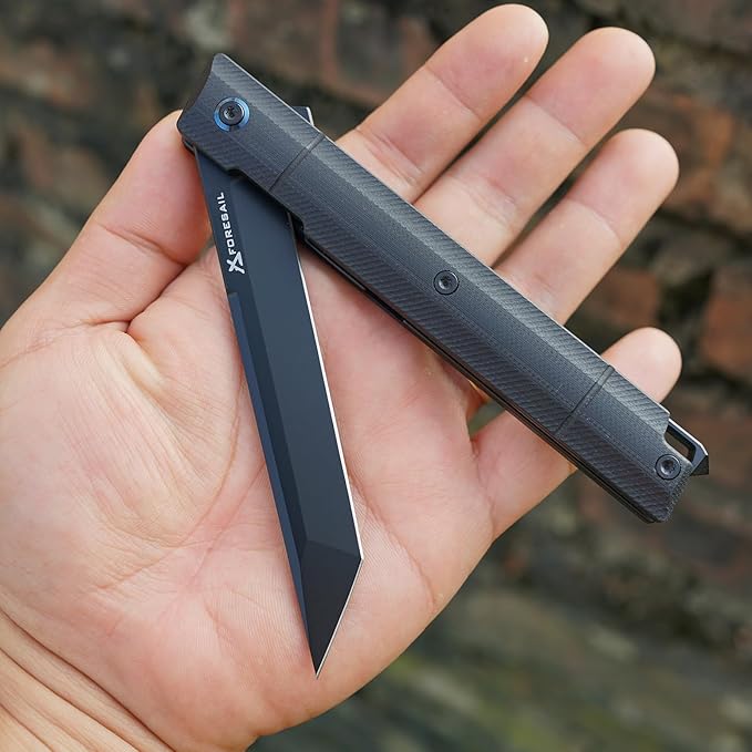 Flipper Pocket Folding Knife,DC53 Steel Blade and G10 Handle. With pocket clip and glass breaker,men's pocket knife hiking trip EDC tool Knife (Black PVD Blade)