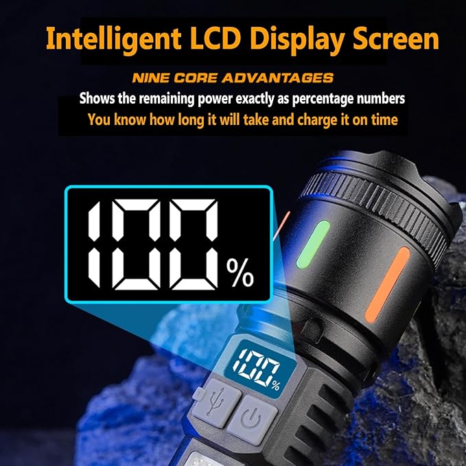 ailight Flashlights High Lumens Rechargeable, High Lumens Super Bright Flashlight with LCD Digital Display, Zoom, 5 Modes, IPX6 Waterproof, Powerful Tactical Flashlight for Emergencies, Camping