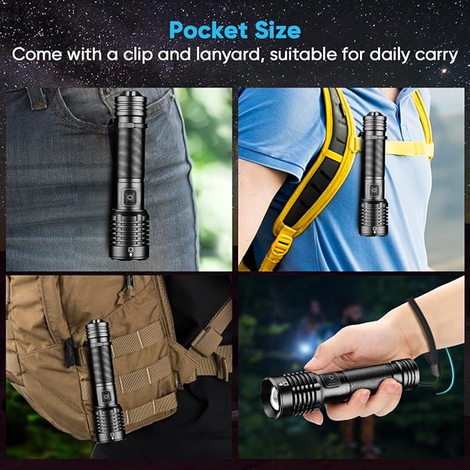 NAKCNM Rechargeable Flashlight High Lumens 2000, 5 Modes Small Powerful Super Bright Flashlights LED Strong Pocket Flash Light USB C with Clip for Home,Camping(2 Pack)