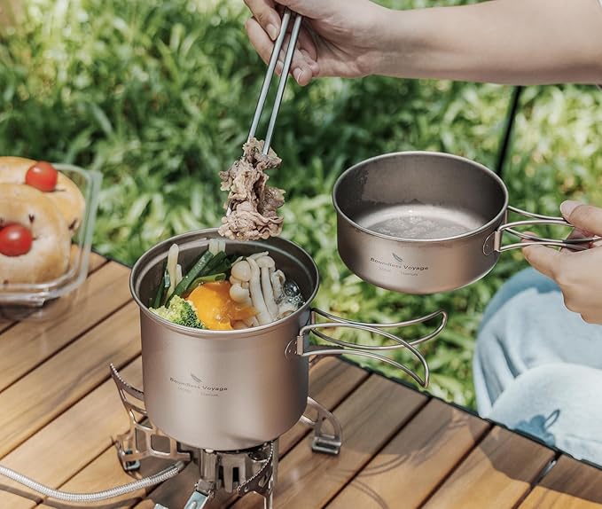 iBasingo Backpacking Cookset Titanium Camping Pots Set Ultralight Outdoor Picnic Pots Pans with Folding Handle Druable Portable Cooking Mess Kit Compact Picnic Dishes Bowls Cups (Multiple Sizes)