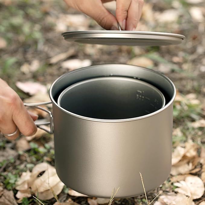 Titanium Pot 900ml & 1100ml & 1600ml Lightweight Camping Cookware for Outdoor Hiking Backpacking Travel, Non-Toxic Druable Cooking Pot with Lid & Folding Handle
