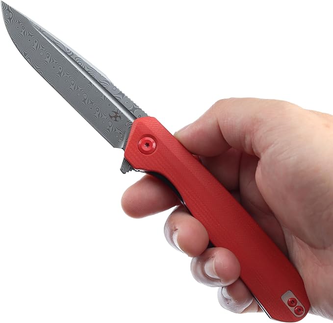 KANSEPT Qilin Pocket Knife,3.24'' Damascus Sharp Blade, Red G10 Handle for Edc, Flipper and Liner Lock with Double-Sided Clip, Men Camping Survival Folding Knives K1047A1