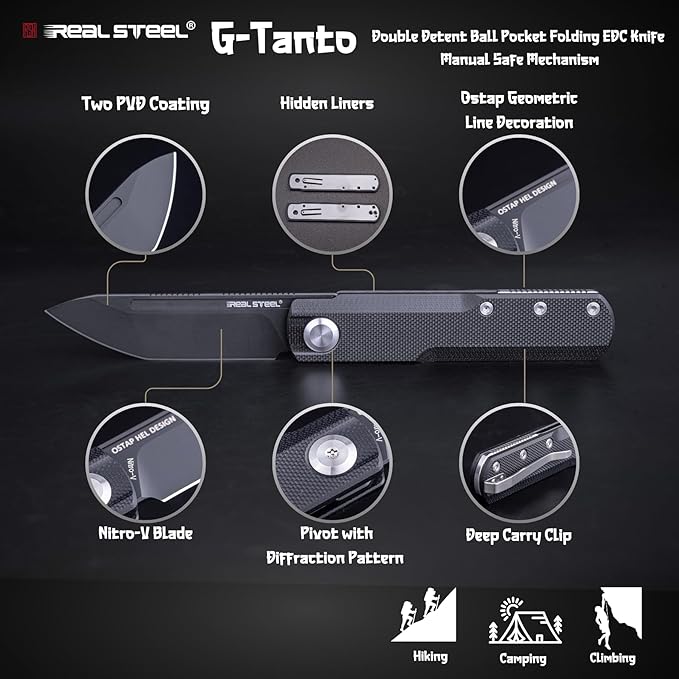 REALSTEEL G-Tanto Pocket Knife,Folding Knives,2.6" Nitro-V Blade,Double Detent Ball Slipjoint EDC,G10 Handle,2.2oz,Clip,Gift for Men Women Outdoor Indoor Daily Use Camping Hiking(Silver Black)