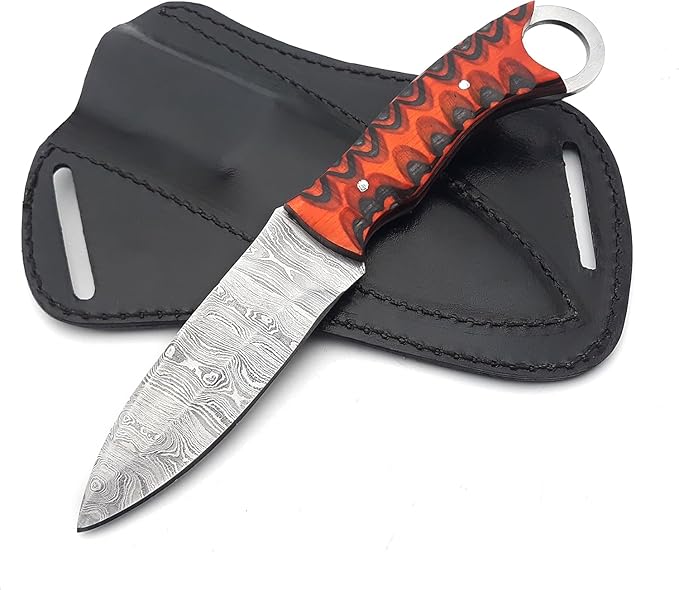 Fixed Blade Hunting Back Belt Tracker Knife Damascus Steel EDC Bushcraft Knives, Full Tang Scout Carry Knife with Leather Sheath, Ideal for Skinning Outdoor Camping, Hunting, Hiking, Survival Knives