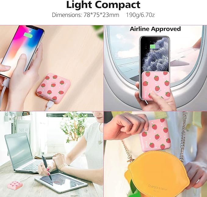 Yoobao Portable Charger 10000mAh, Cute Power Bank USB-C for Girls Travel, 2 Outputs & 2 Inputs (5V/2.1A), Mini Phone Battery Pack for iPhone 11/12/13/iPad/Android (Strawberry)