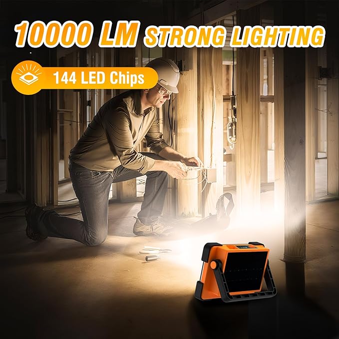 120W Solar Rechargeable Work Light, 144 LED 10000LM Led Work Light with 4 Modes, Portable Flood Light with Stand, IP66 Waterproof Outdoor Working Light for Emergency Mechanic Camping Repair (Yellow)