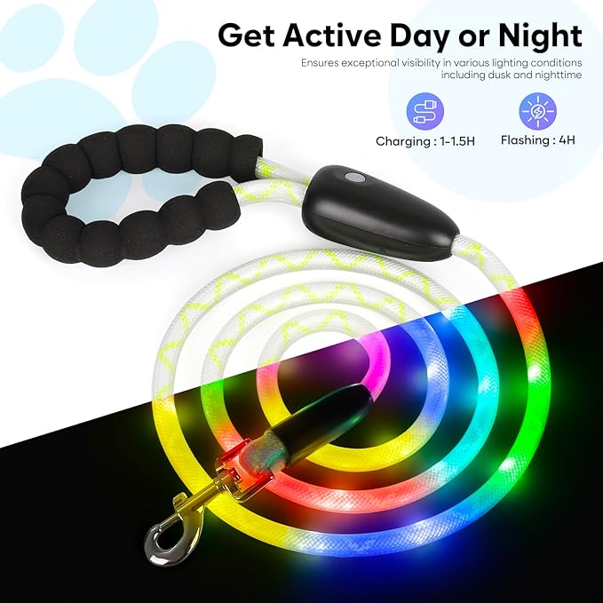 Colaseeme Light Up Dog Leash, LED Pet Leashes USB Rechargeable, Glow Safety Dogs Lights at Night (6FT,Multi-Color)