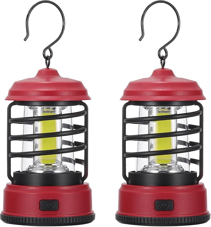 PATIKIL LED Camping Lantern, 2 Pack Vintage Lantern 2 Light Modes Portable Battery Powered Hanging Outdoor Tent Light for Camping, Hiking, Fishing, Red 5.91 Inch