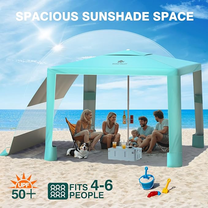 Rhino Valley Beach Tent Shade Canopy UPF50+ Protection, 8 Sandbags, 4 Stability Poles, Outdoor Sun Shelter Umbrella for Sand, Camping, Fishing Essentials
