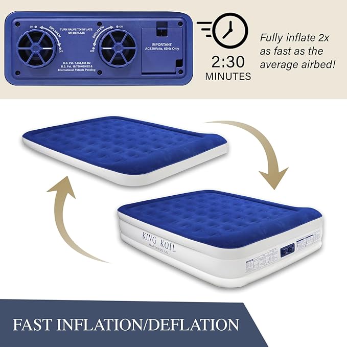 King Koil Premium California King Size Air Mattress with Built-in Pillow & Patented High-Speed Built in Pump, 20" King Size Premium Double High Airbed for Home, Camping & Guests, 1-Year Warranty