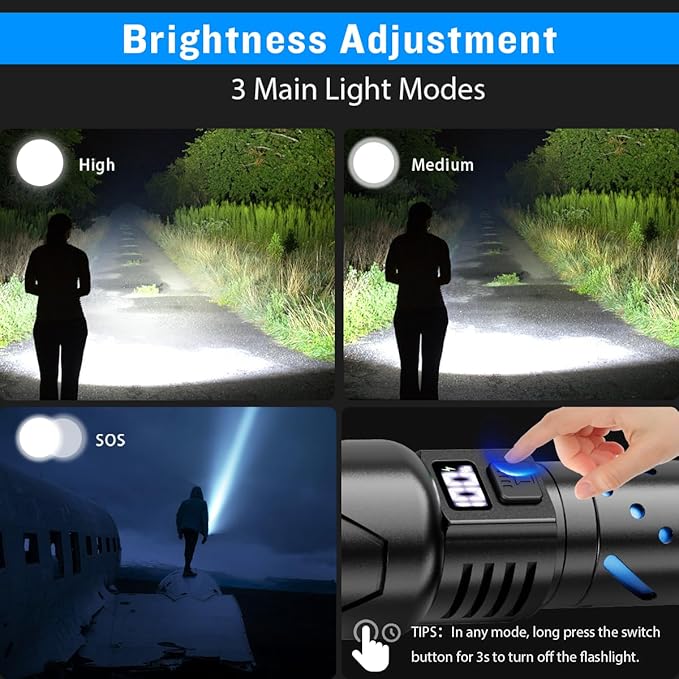 NAKCNM Flashlights High Lumens Rechargeable 2000 Lumens Super Bright with LCD Digital Display, 3 Mode, Waterproof, Powerful Tactical Flashlight for Camping Outdoor Emergencies
