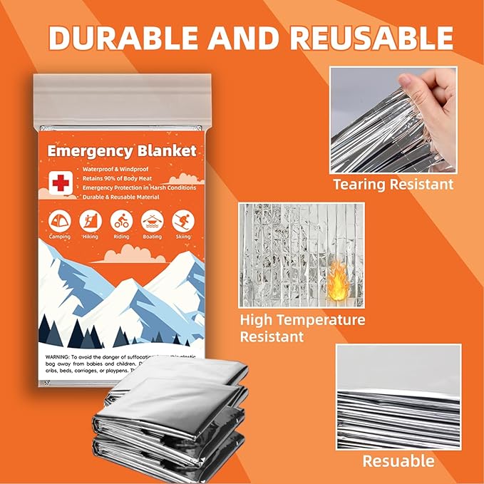 50 Pack Emergency Thermal Blanket Survival, Mylar Blankets for Outdoor, Space Blanket, Silver Foil for Survival, Survival Kit Camping Blankets, Body Warmer, First Aid, Hiking 84” x 52”